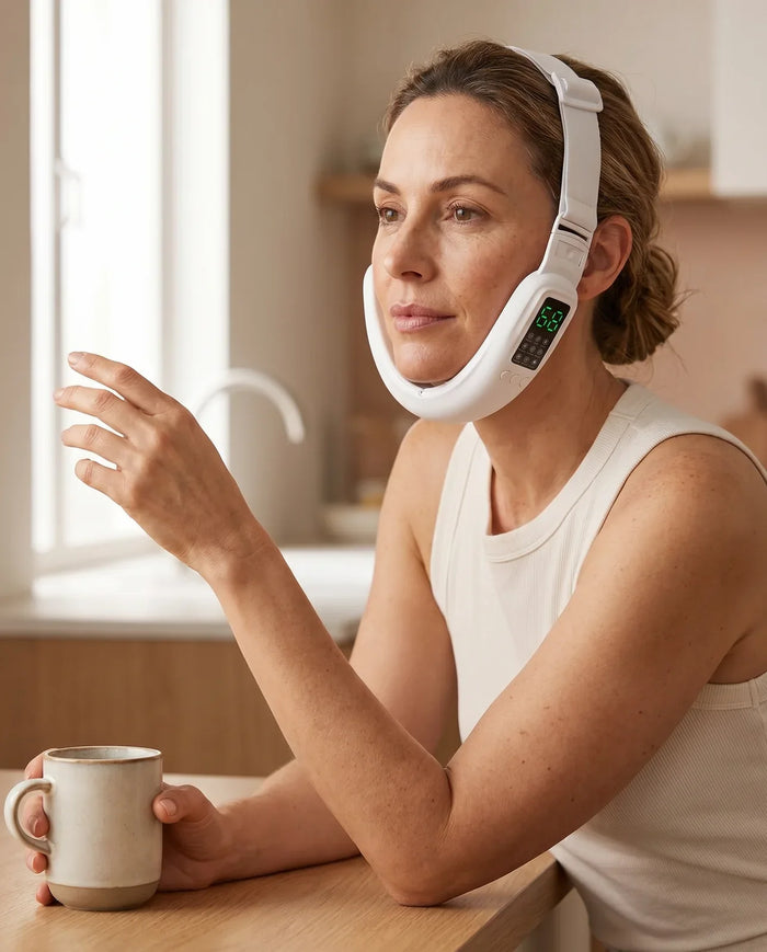 Woman wearing the Definaire microcurrent band hands-free along the jaw while having coffee
