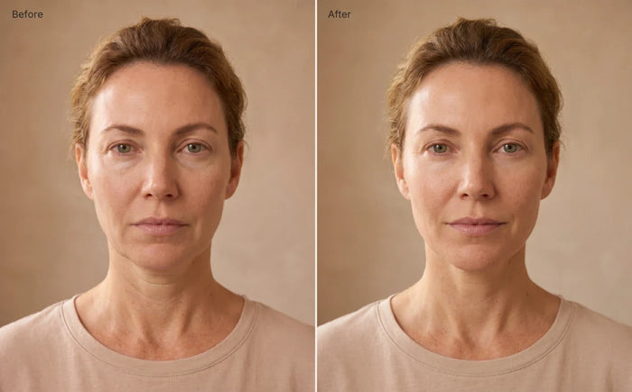 Same-morning before and after, a visible depuff