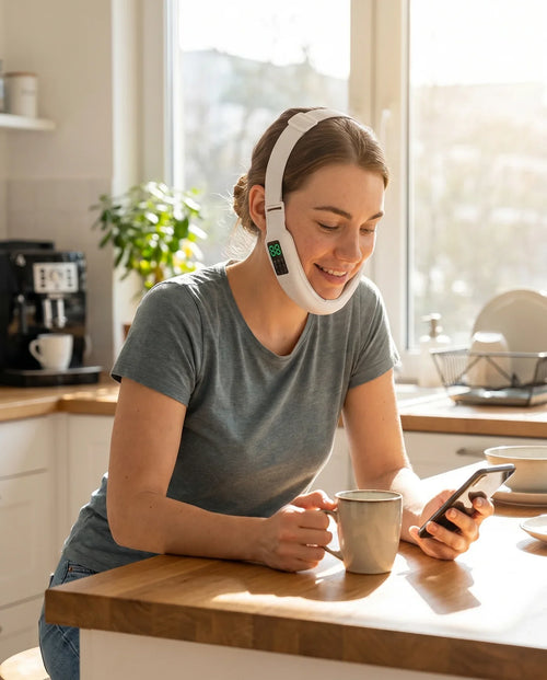 Wearing the Definaire band hands-free, latte in hand