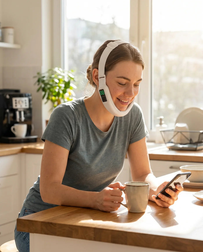 Wearing the Definaire band hands-free, latte in hand